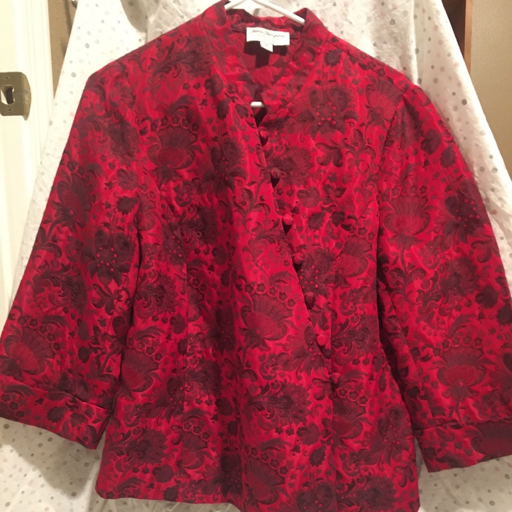 Norm Thompson red Asian inspired brocade top